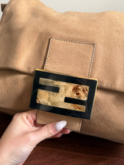RARE Fendi Jumbo Burl Wood Beige Leather Baguette