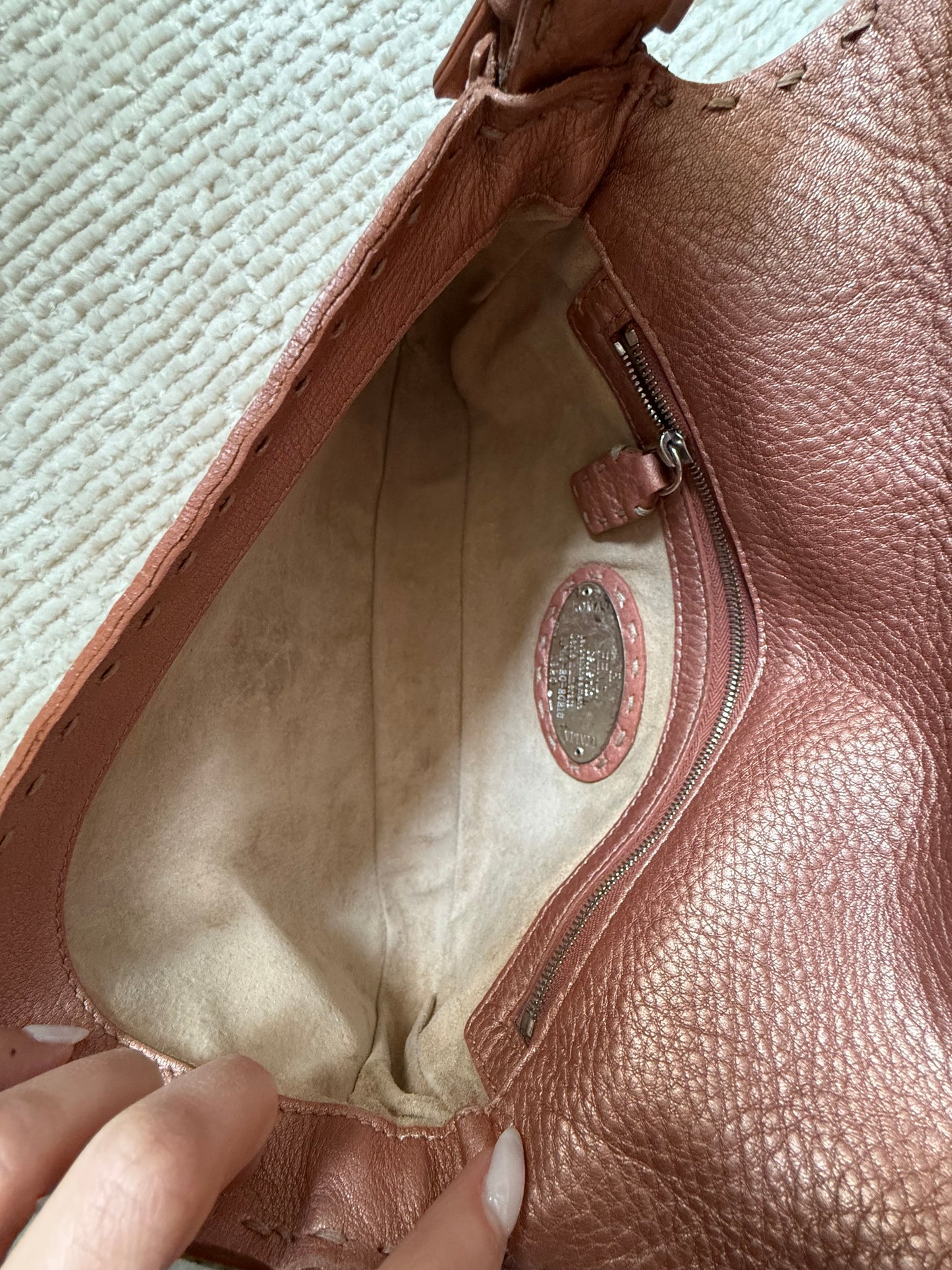 Fendi Rose Pink Metallic Leather Selleria Baguette