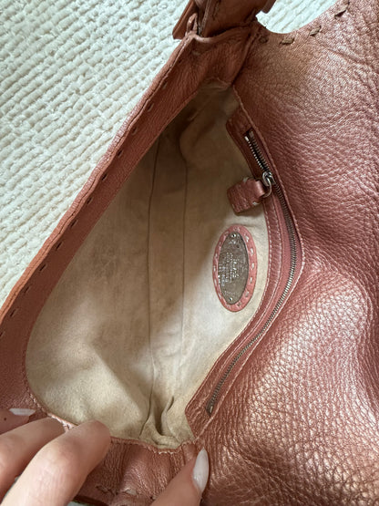 Fendi Rose Pink Metallic Leather Selleria Baguette