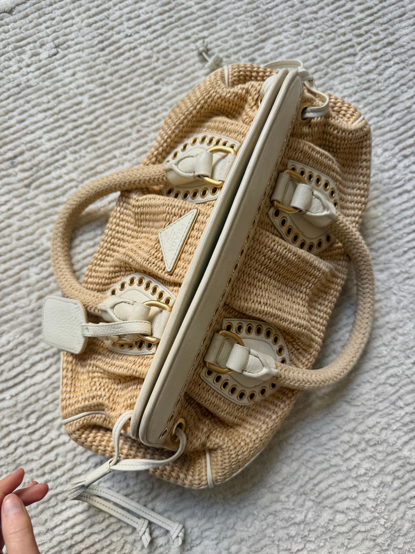 Prada Raffia Gold Eyelet Rope Handle Bag