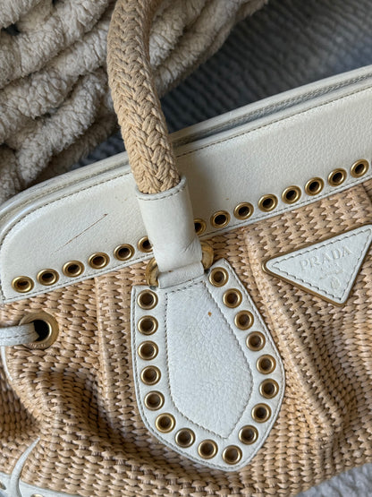 Prada Raffia Gold Eyelet Rope Handle Bag