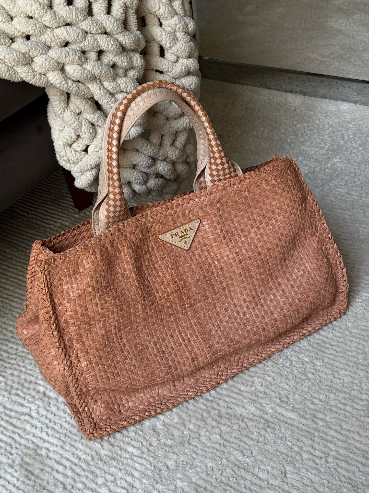 RARE Prada Madras Leather Woven Canapa Tote