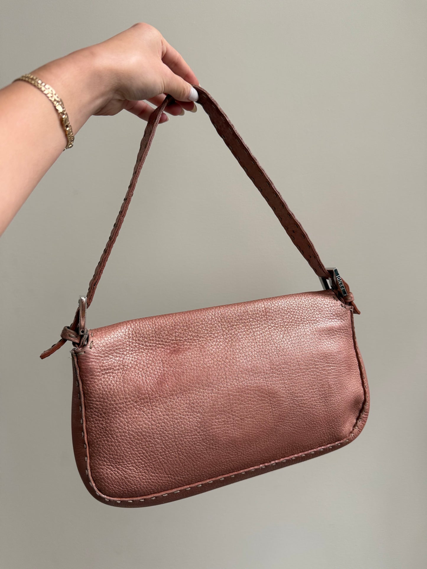 Fendi Rose Pink Metallic Leather Selleria Baguette