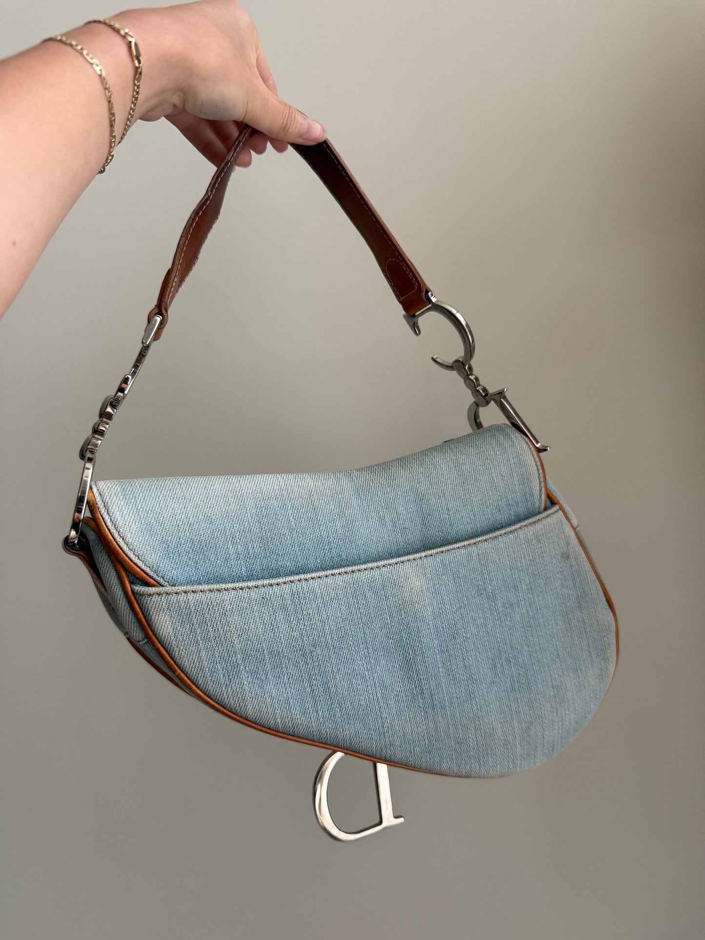RARE Christian Dior 2005 Denim Embroidered Floral Saddle Bag