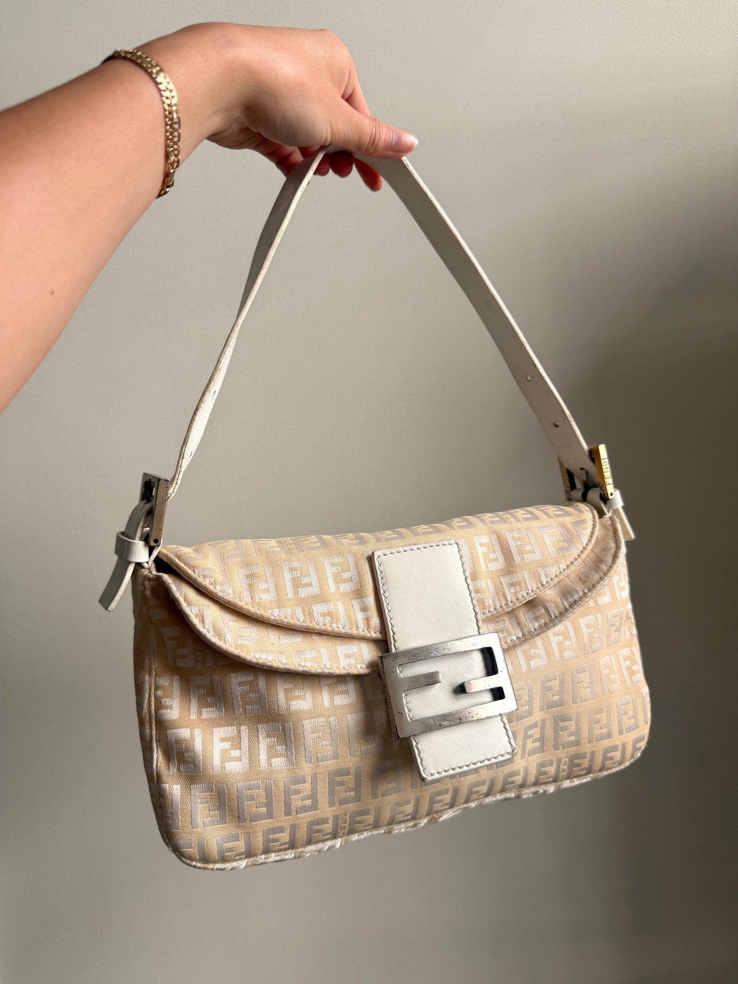 Fendi White Zucchino Double Flap Baguette Bag