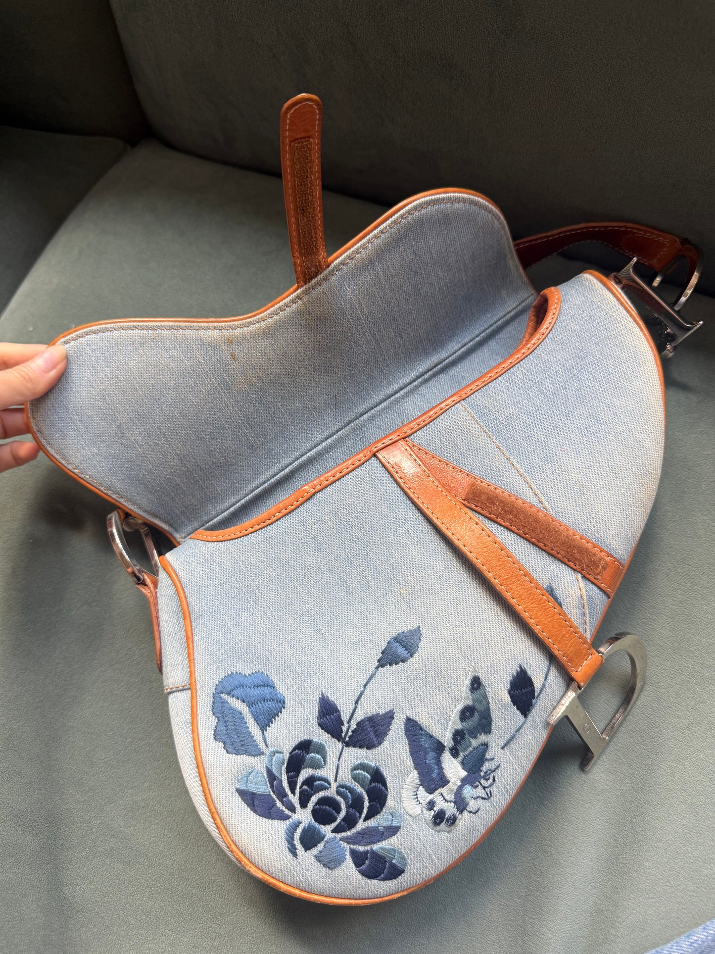 RARE Christian Dior 2005 Denim Embroidered Floral Saddle Bag