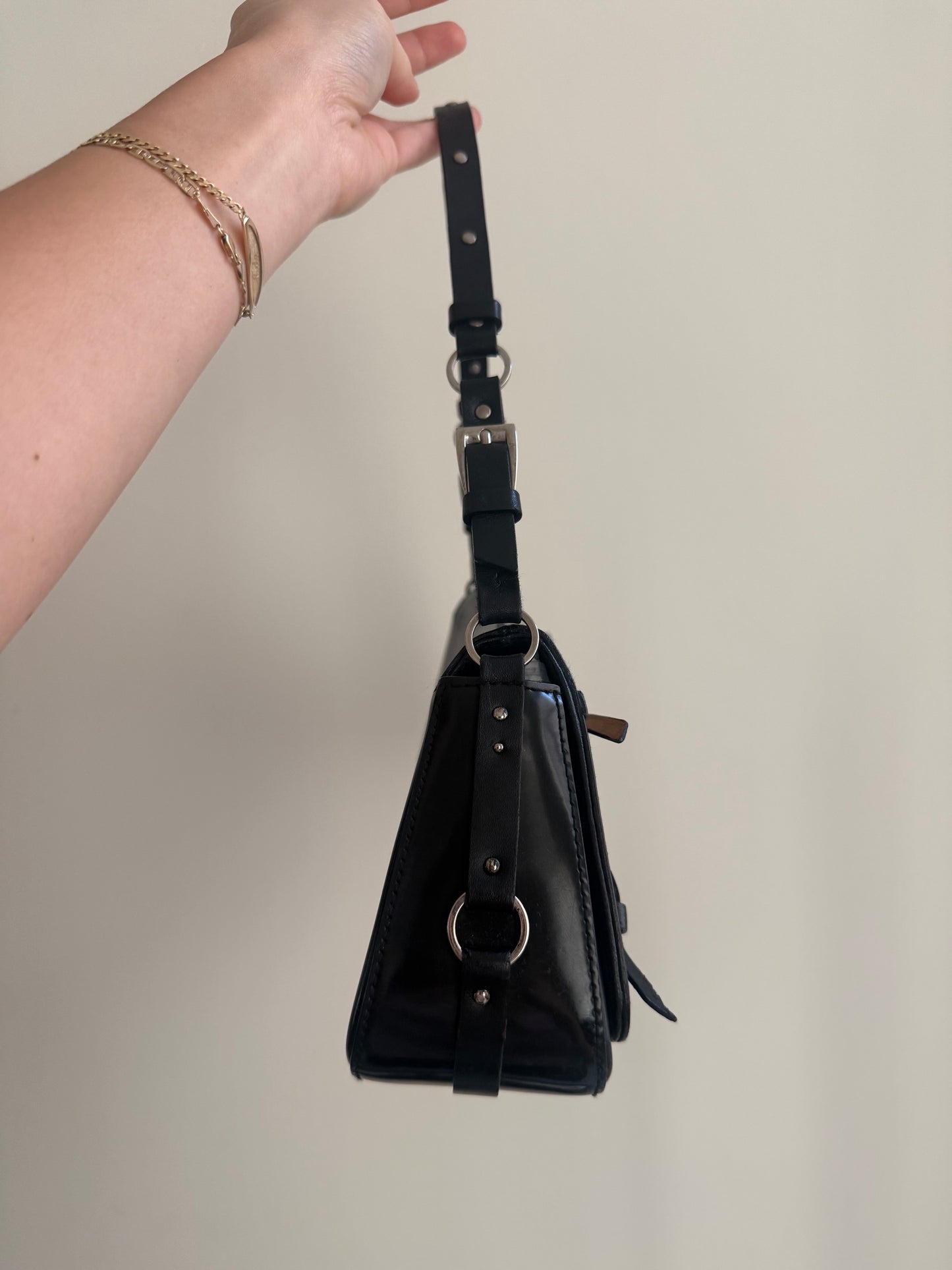 RARE 2003 Galliano Dior Black Patent Leather Bondage Shoulder Bag