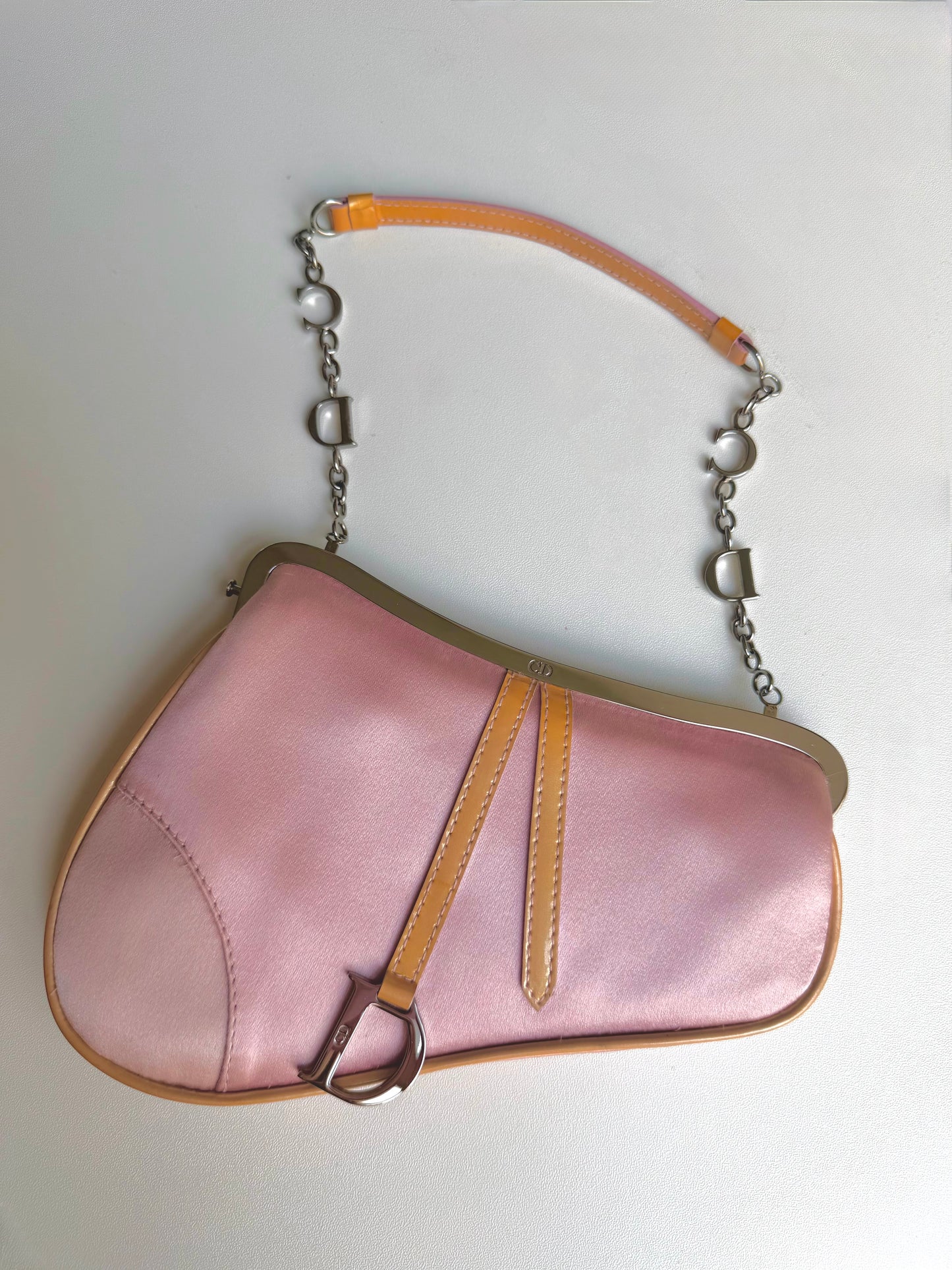 RARE Christian Dior Satin Pink Orange Mini Evening Saddle Bag