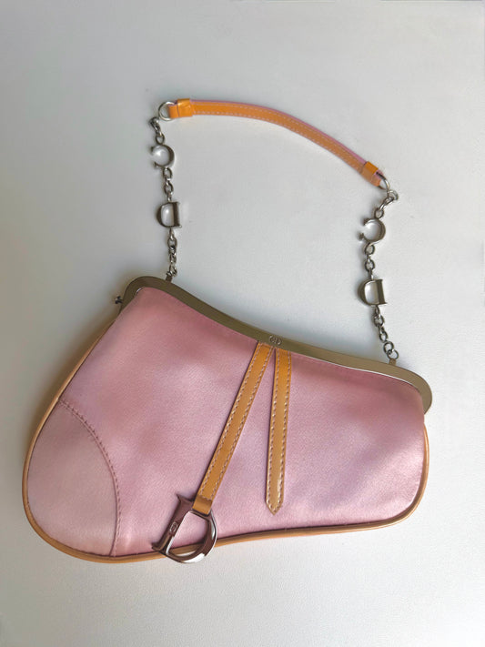 RARE Christian Dior Satin Pink Orange Mini Evening Saddle Bag