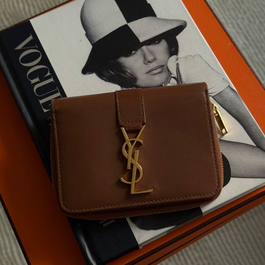 YSL Cognac Brown and Gold Logo Wallet