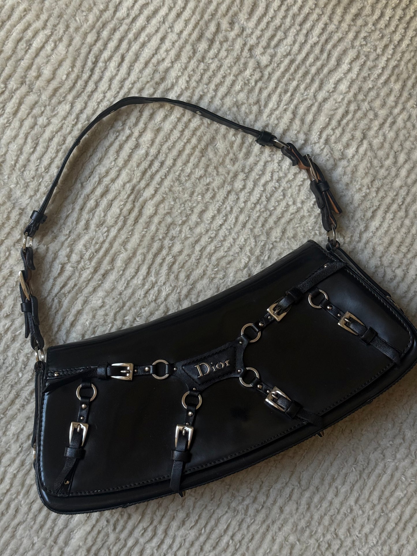 RARE 2003 Galliano Dior Black Patent Leather Bondage Shoulder Bag