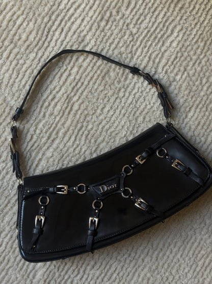 RARE 2003 Galliano Dior Black Patent Leather Bondage Shoulder Bag