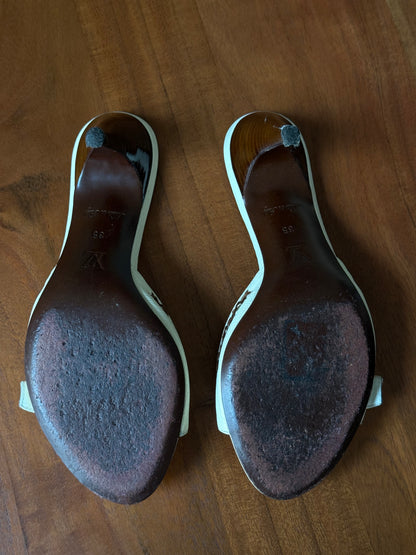 Louis Vuitton White Leather Wood Buckle Heels