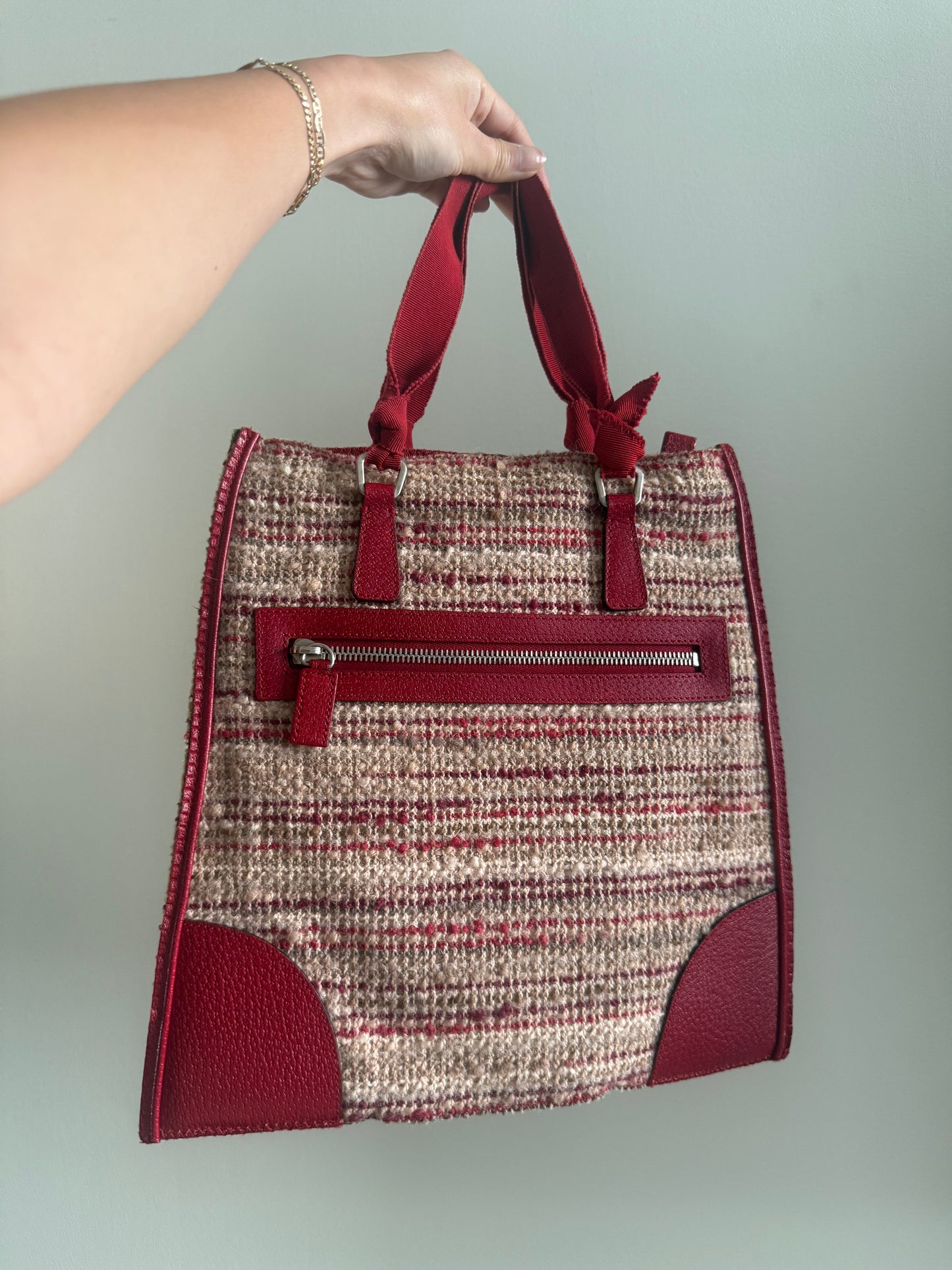 RARE Prada Red Tweed Top Handle Bag