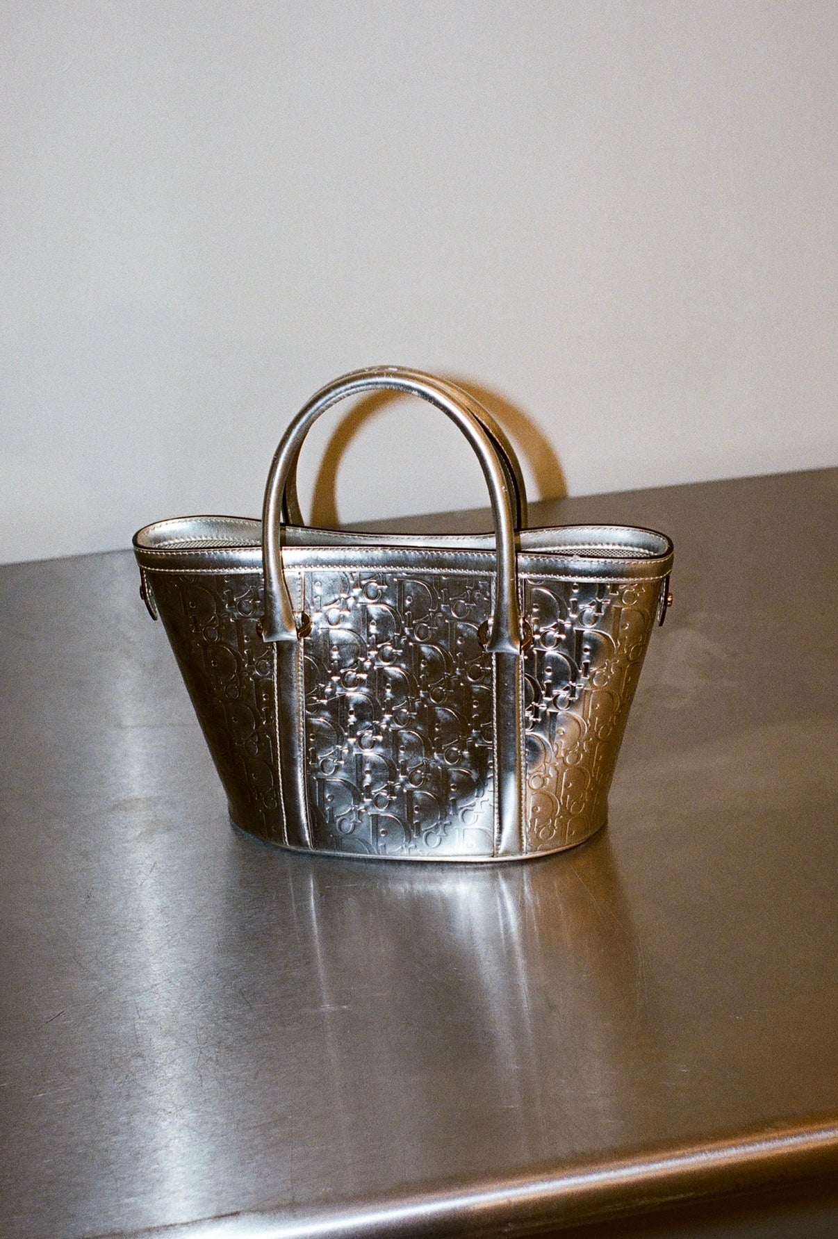 RARE Christian Dior Silver Metallic Patent Leather Monogram Bucket Tote