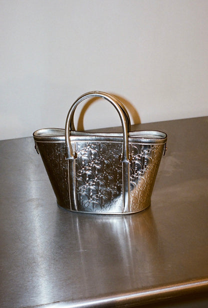 RARE Christian Dior Silver Metallic Patent Leather Monogram Bucket Tote
