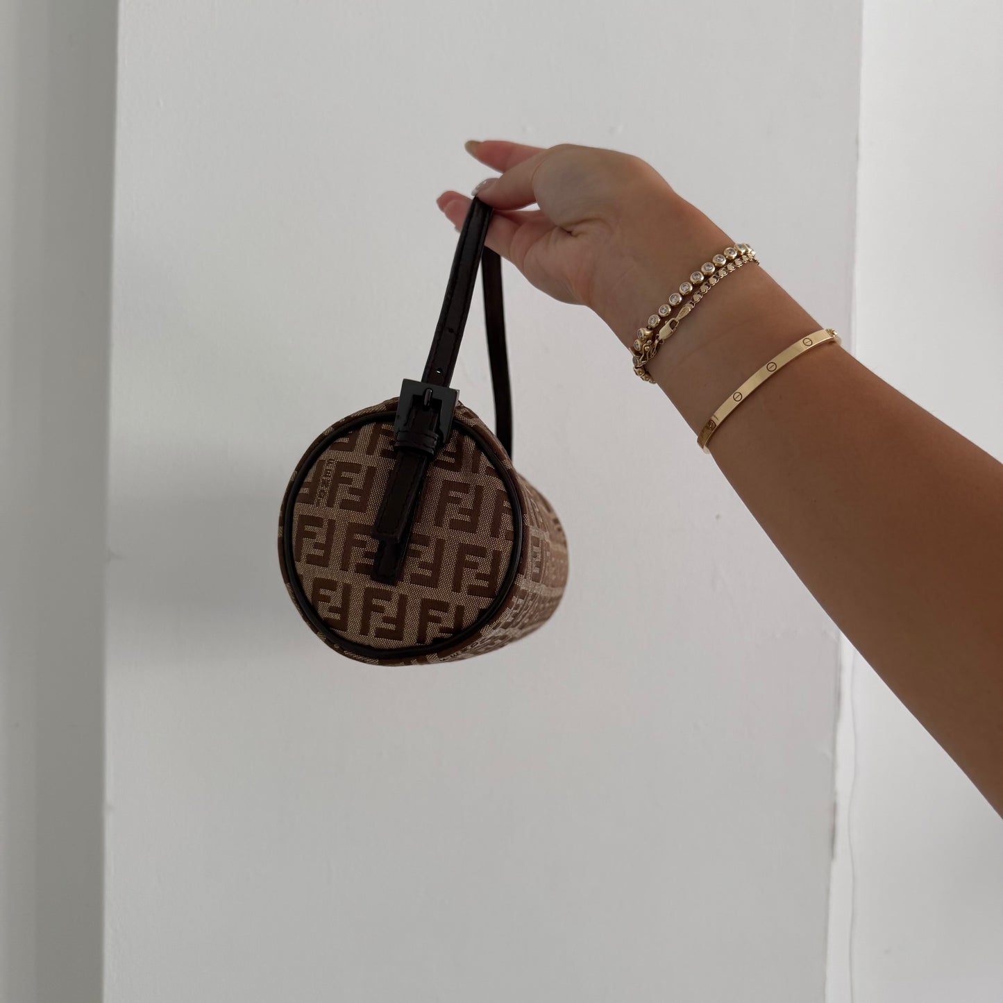 Fendi Brown Zucchino Monogram Mini Barrel Bag