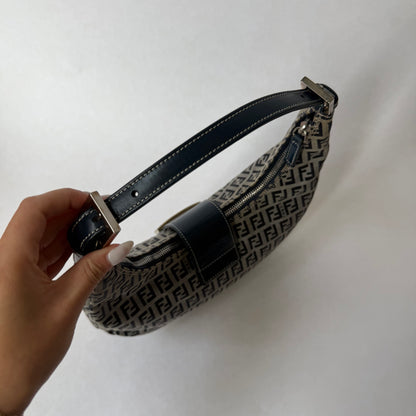 RARE Fendi Navy Zucchino Monogram Croissant Half Moon Shoulder Bag