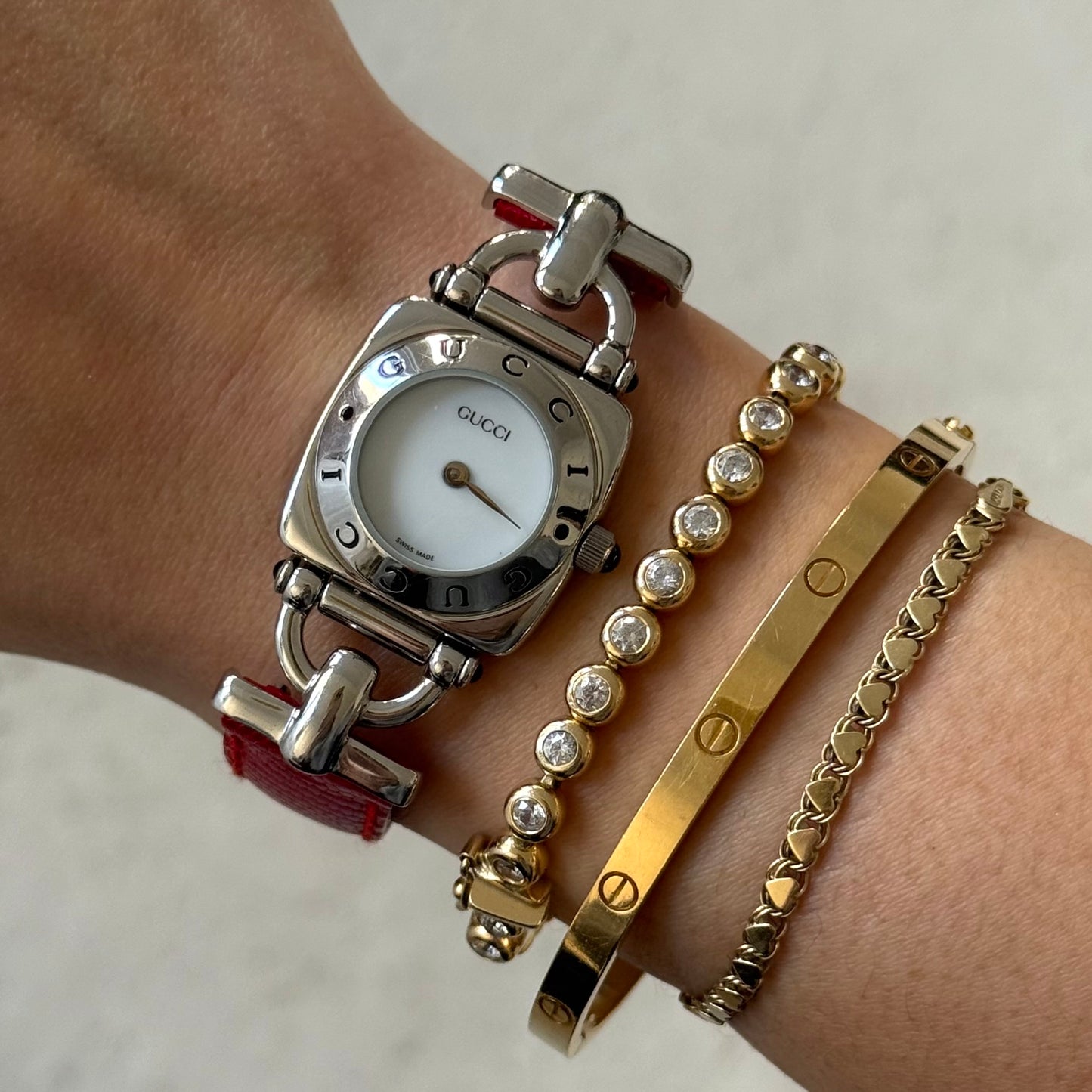 Gucci Red Leather Silver Square Watch