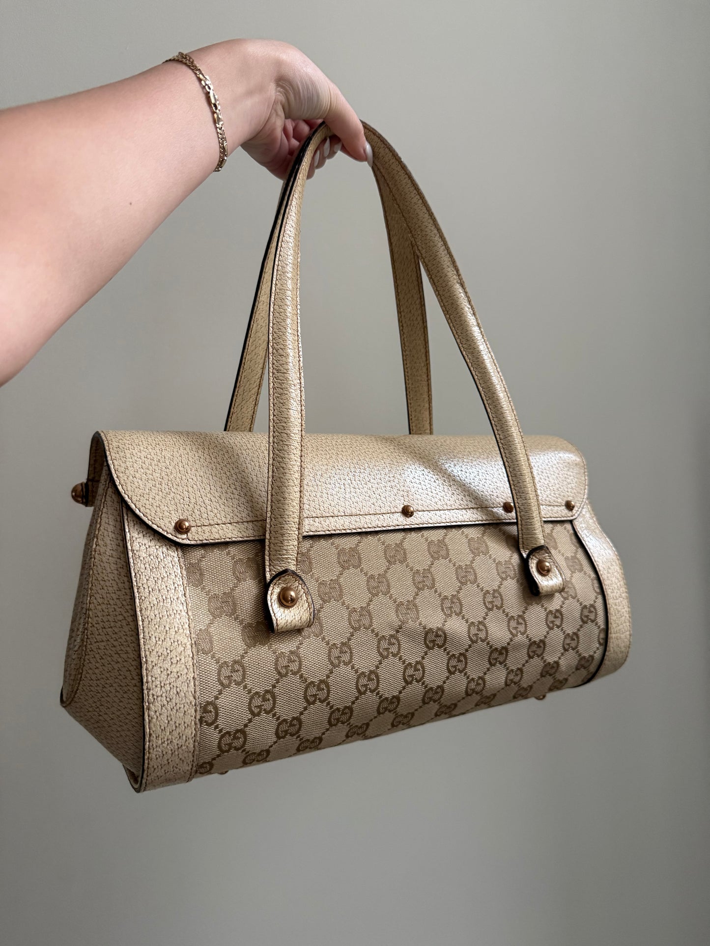 Gucci White Monogram Rose Gold Bamboo Bullet Bag