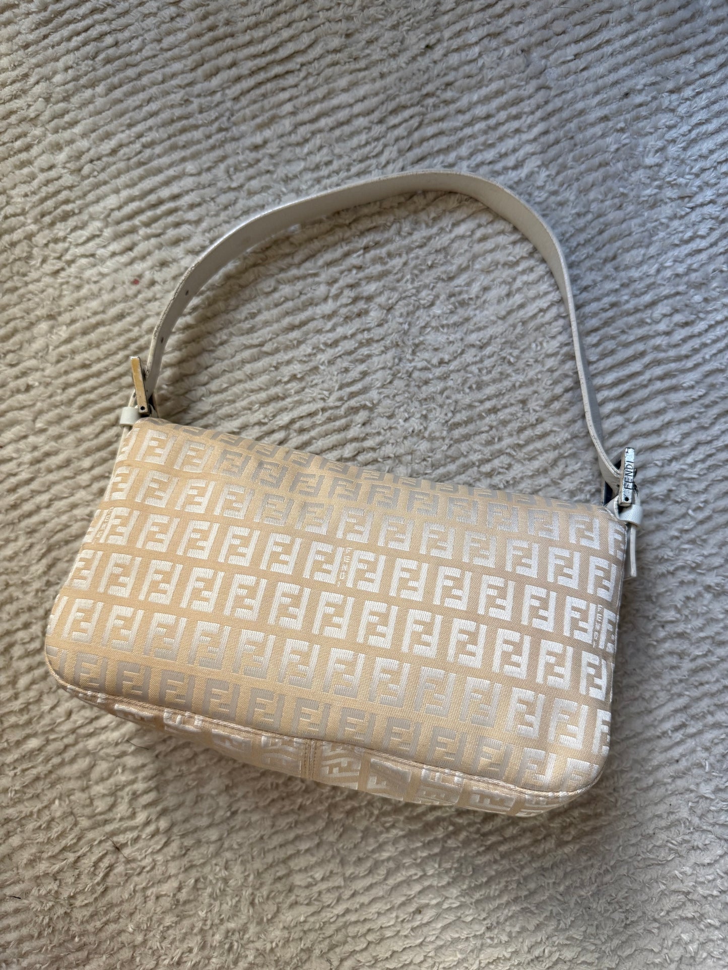 Fendi White Zucchino Double Flap Baguette Bag