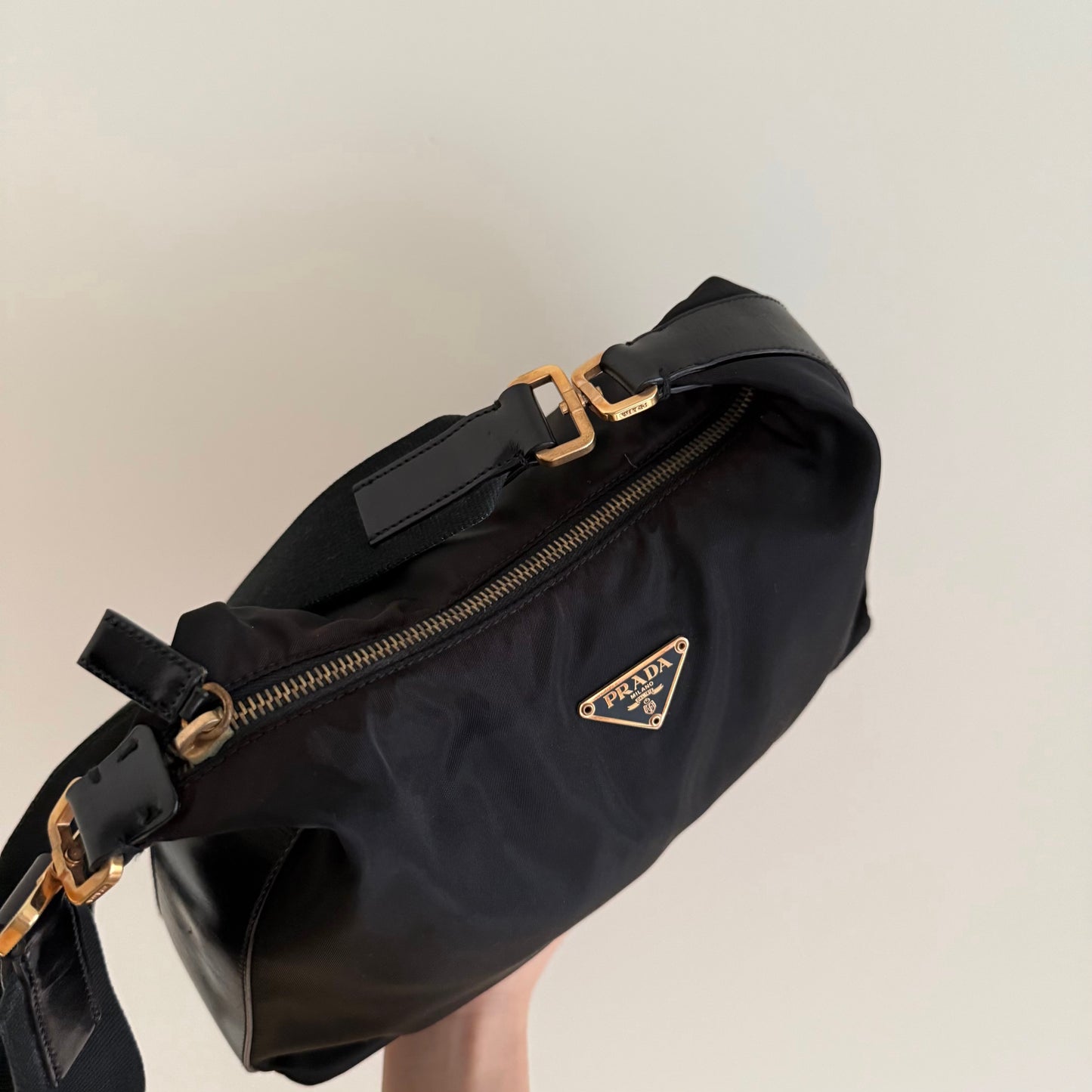 RARE Prada Back Gold Nylon Leather Buckle Shoulder Bag