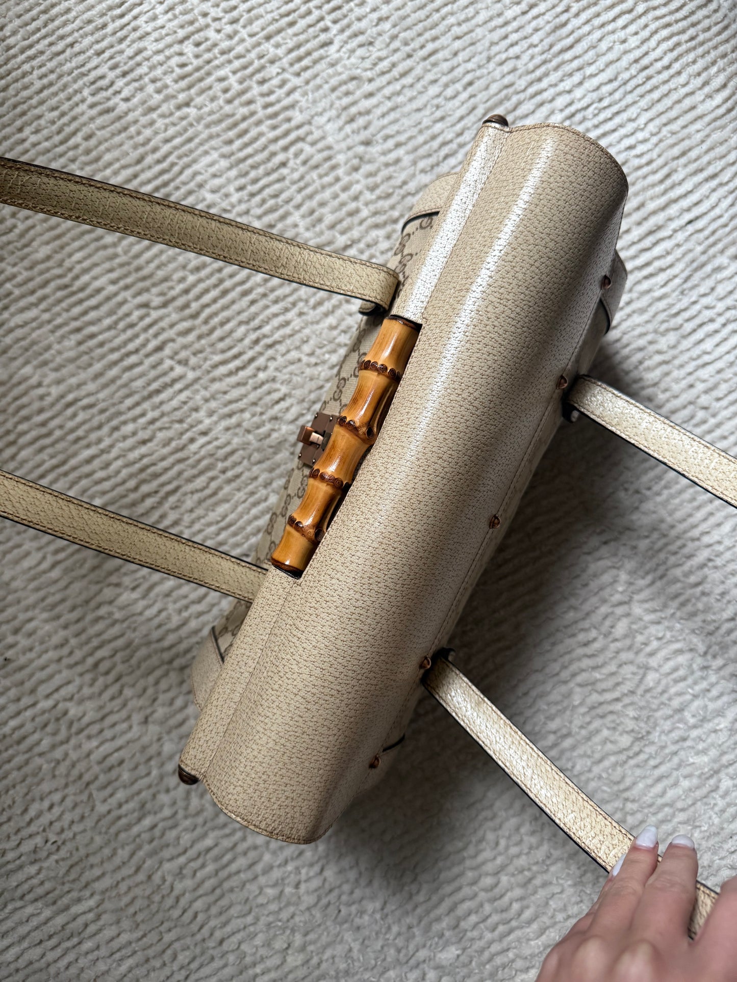 Gucci White Monogram Rose Gold Bamboo Bullet Bag