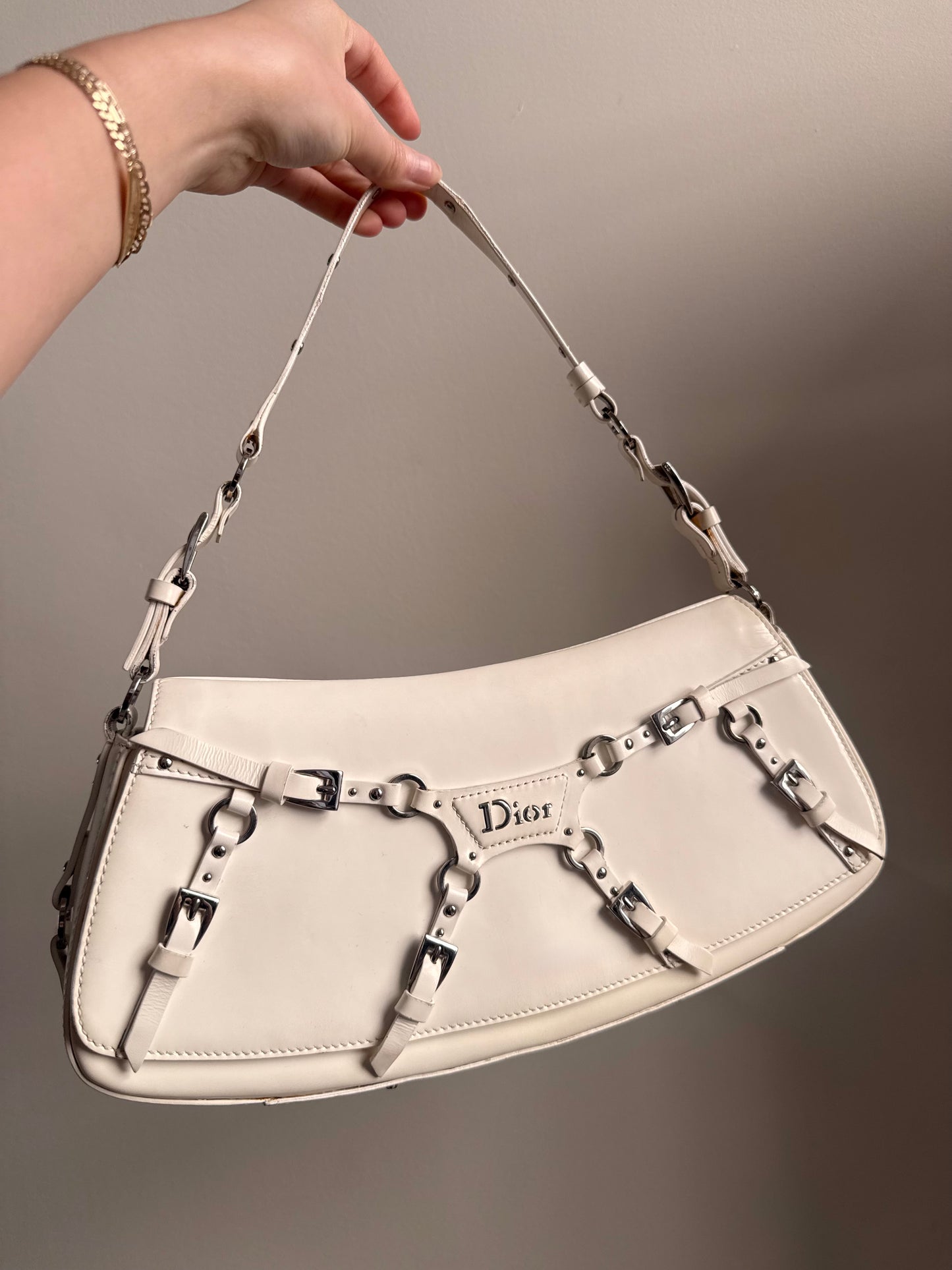 RARE Christian Dior White Patent Leather Bondage Shoulder Bag w/ Dustbag
