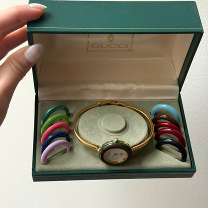 Gucci Gold Bangle Bezel Watch w/ 11 interchangeable Bezels & Box