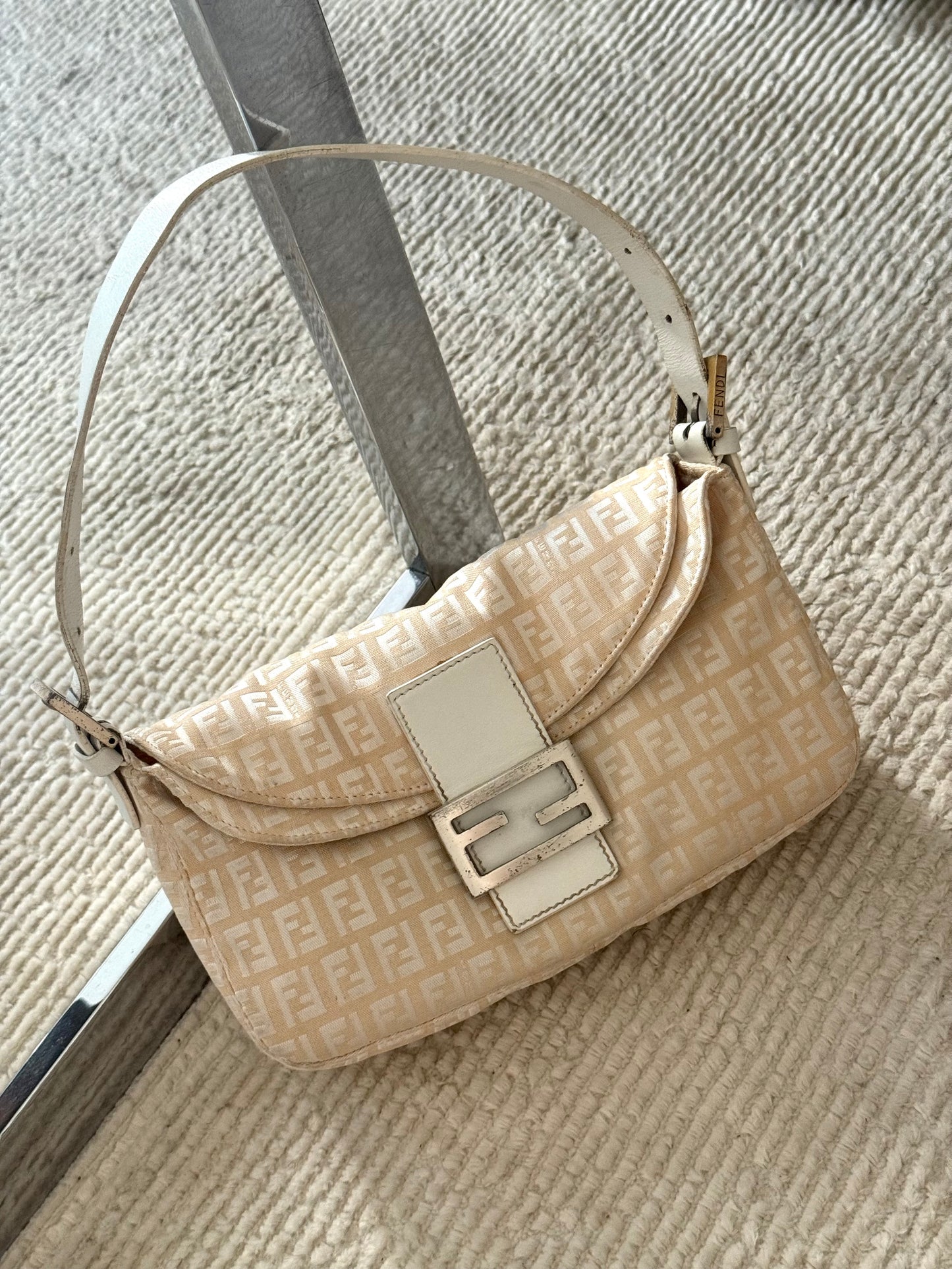 Fendi White Zucchino Double Flap Baguette Bag