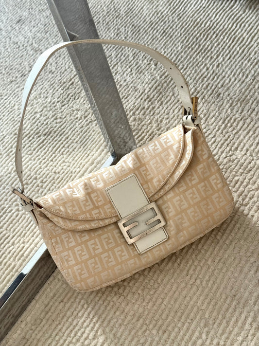 Fendi White Zucchino Double Flap Baguette Bag