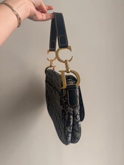 Christian Dior Navy Monogram Gold Double Saddle Shoulder Bag