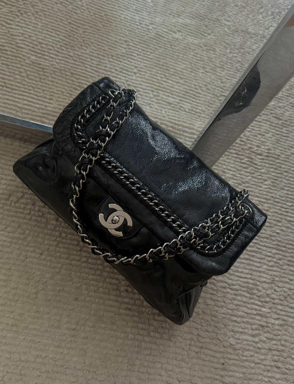 RARE NEW Chanel Black Patent Leather Luxe Ligne Flap Bag