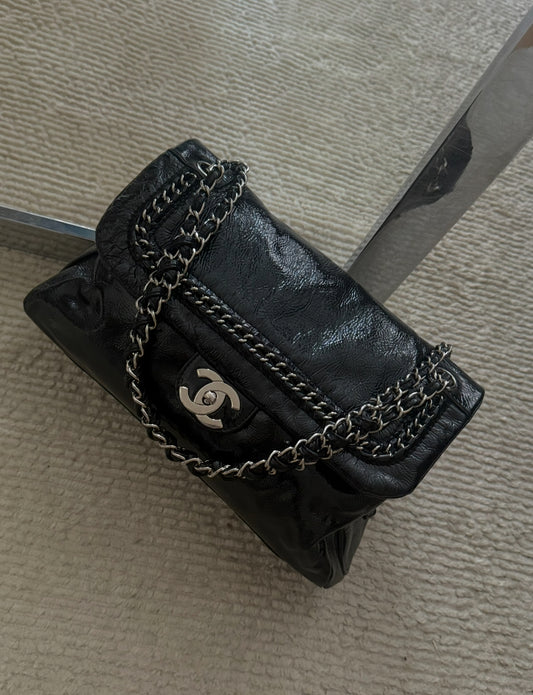 RARE NEW Chanel Black Patent Leather Luxe Ligne Flap Bag