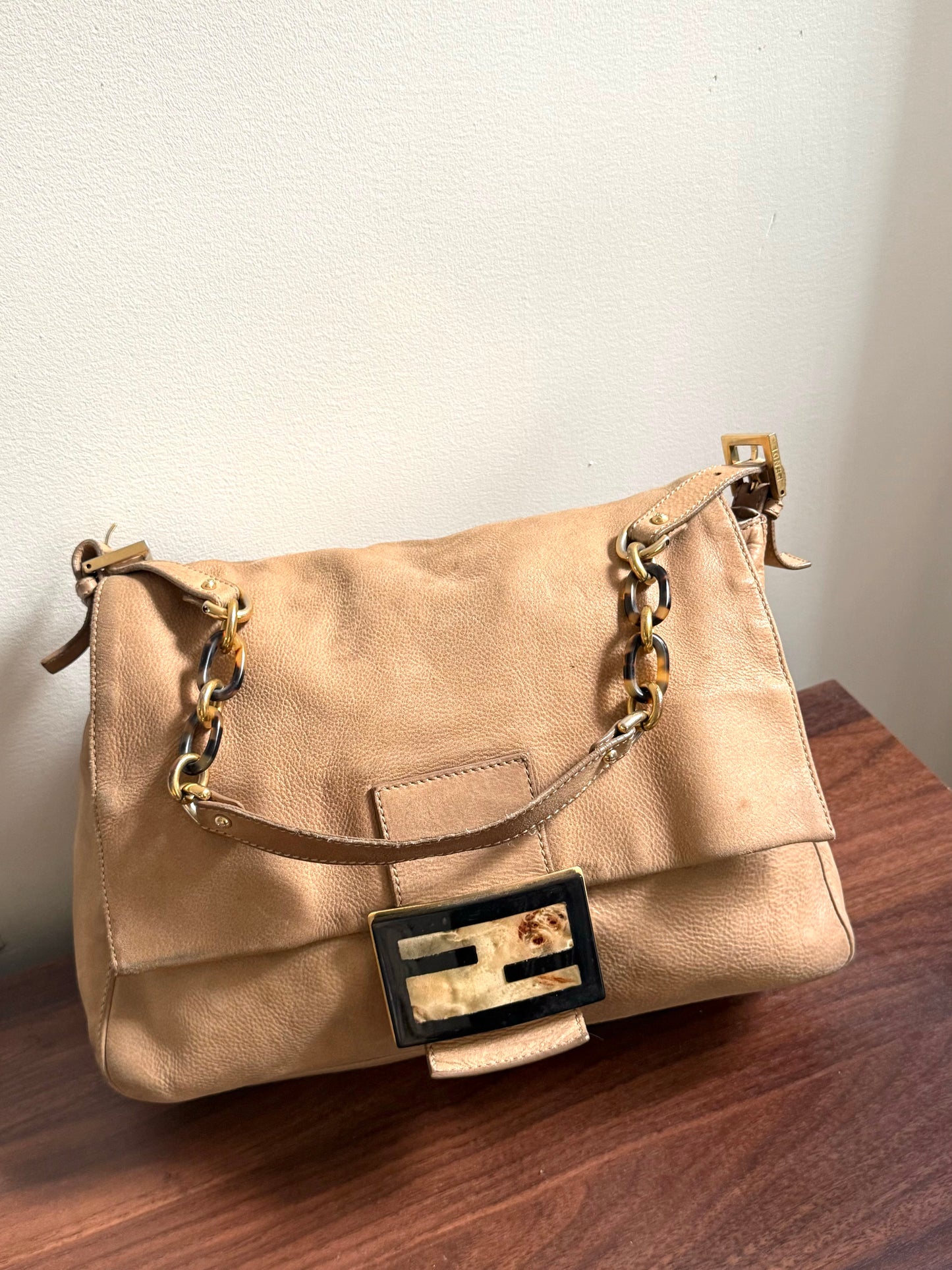 RARE Fendi Jumbo Burl Wood Beige Leather Baguette