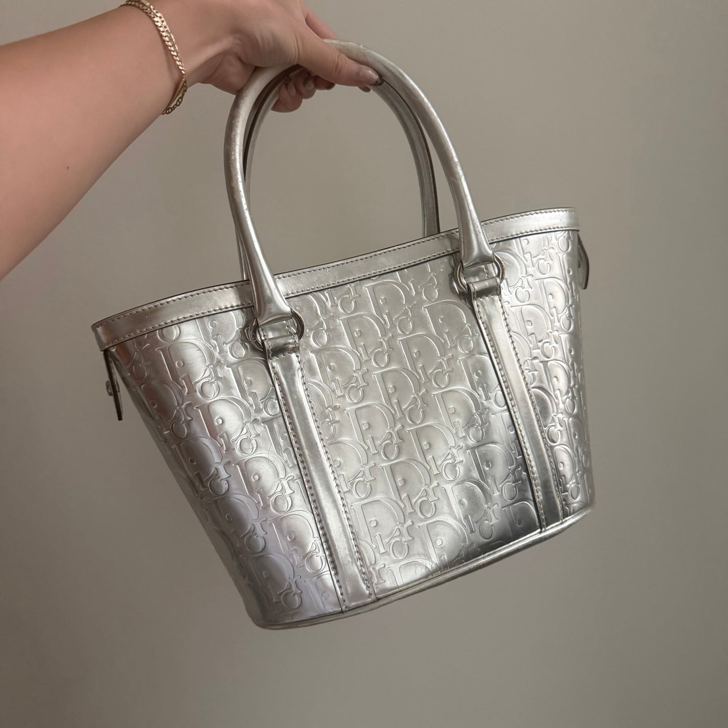 RARE Christian Dior Silver Metallic Patent Leather Monogram Bucket Tote