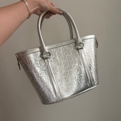 RARE Christian Dior Silver Metallic Patent Leather Monogram Bucket Tote