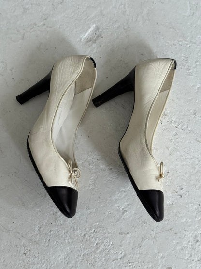 Chanel White and Black Leather CC Ballerina Heels