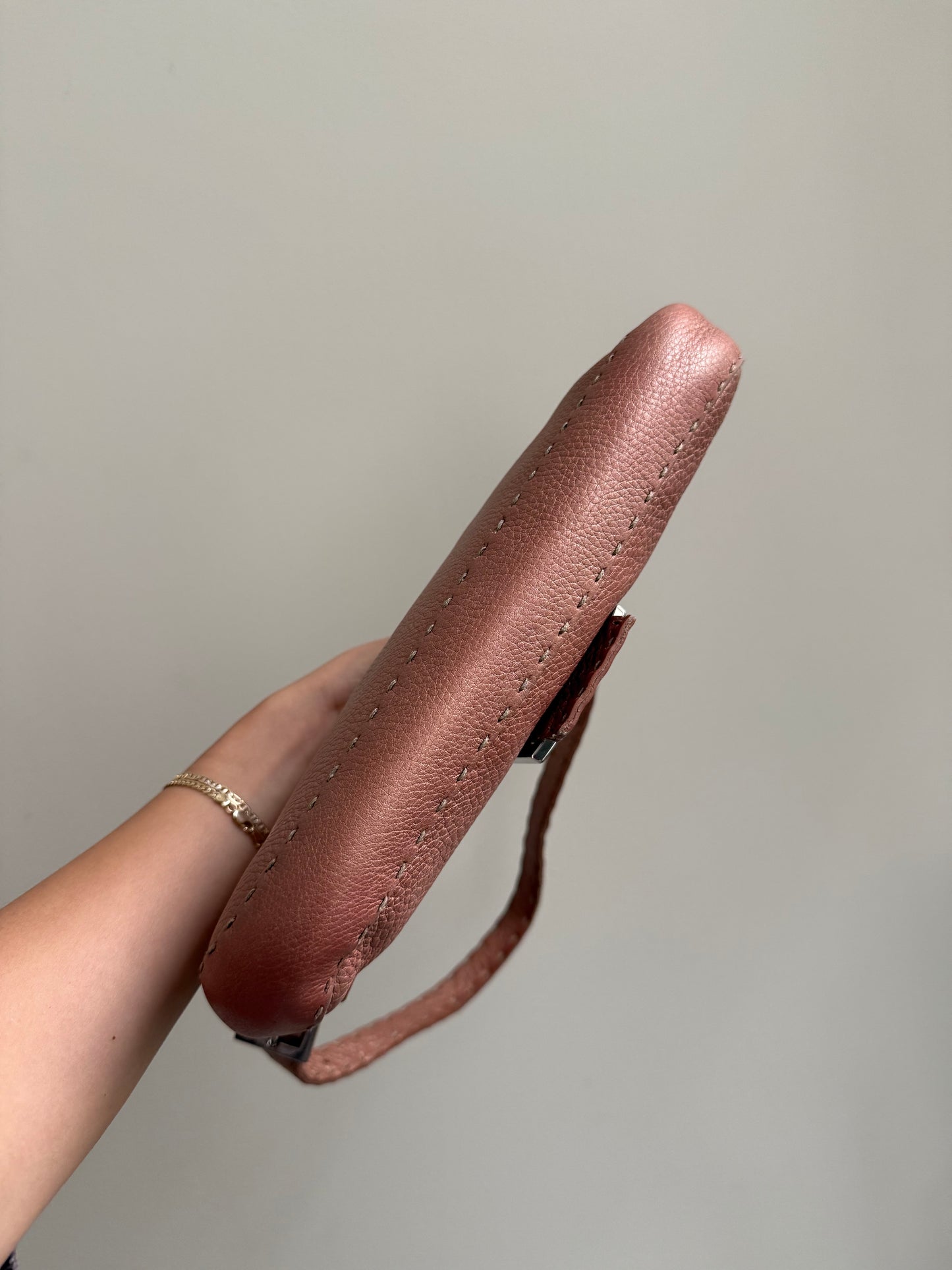 Fendi Rose Pink Metallic Leather Selleria Baguette