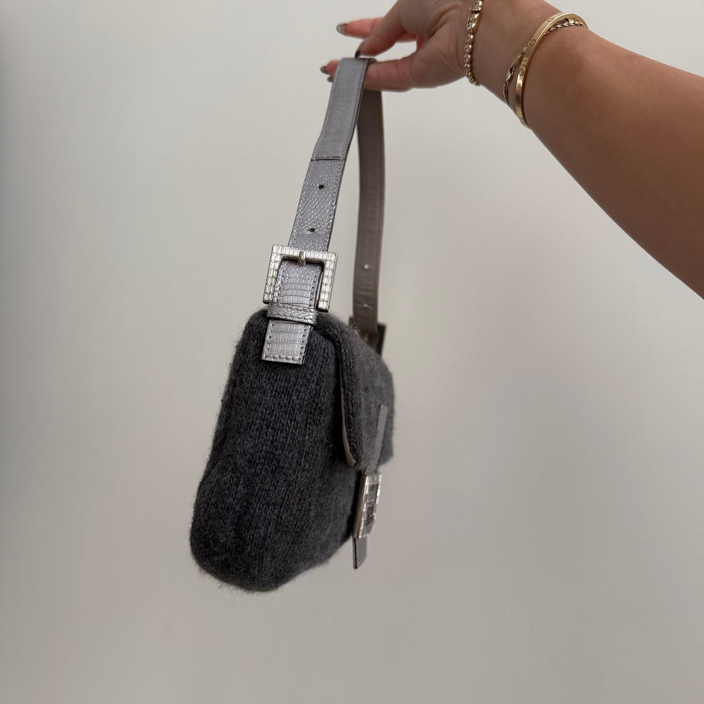 RARE Fendi Gray Cashmere Wool  Lizard Trim Rhinestone Baguette