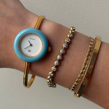 Gucci Gold Bangle Bezel Watch w/ 11 interchangeable Bezels & Box