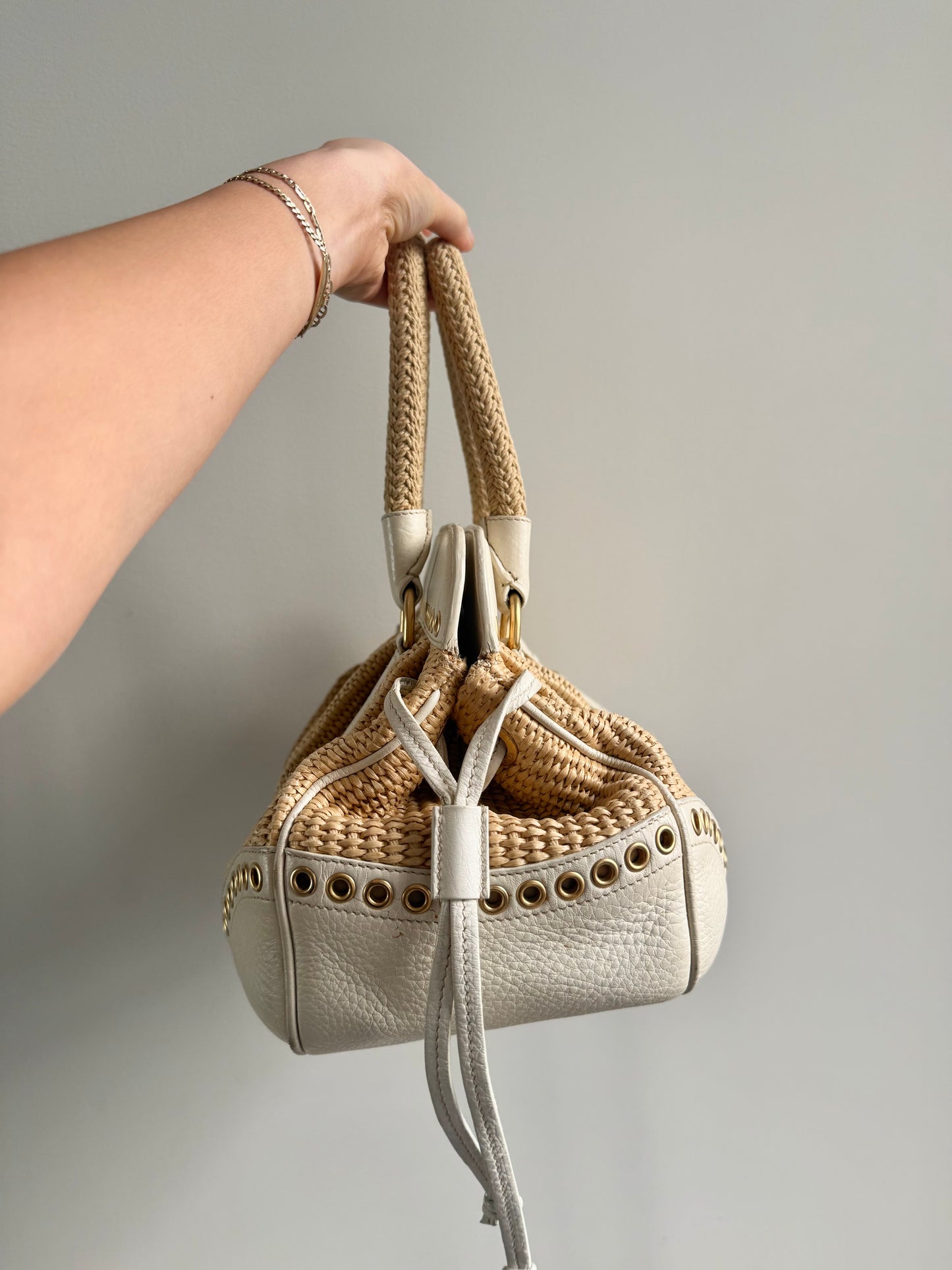 Prada Raffia Gold Eyelet Rope Handle Bag