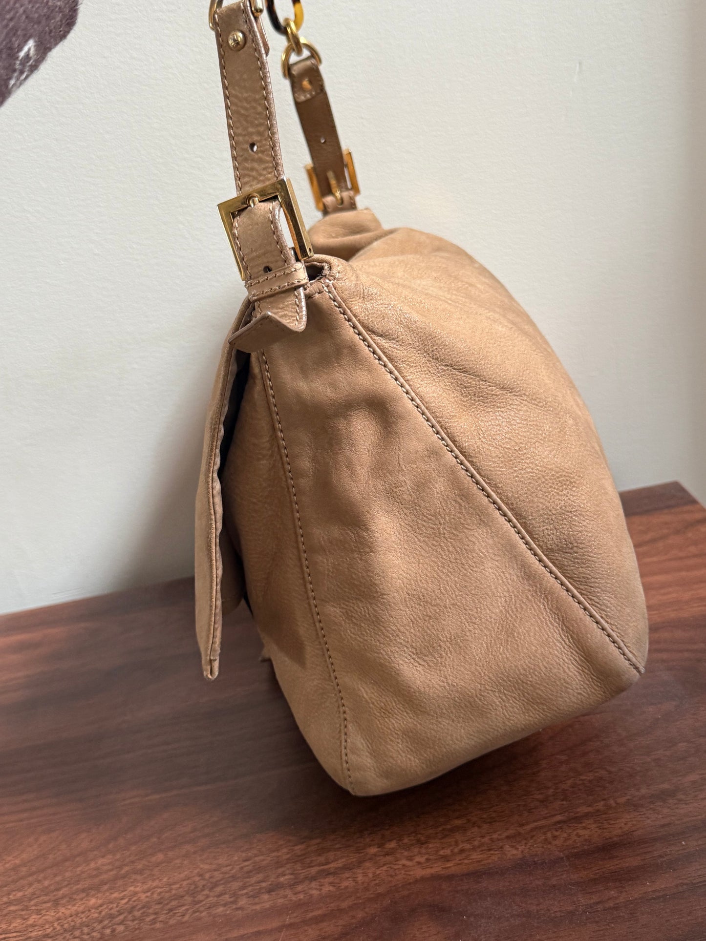 RARE Fendi Jumbo Burl Wood Beige Leather Baguette