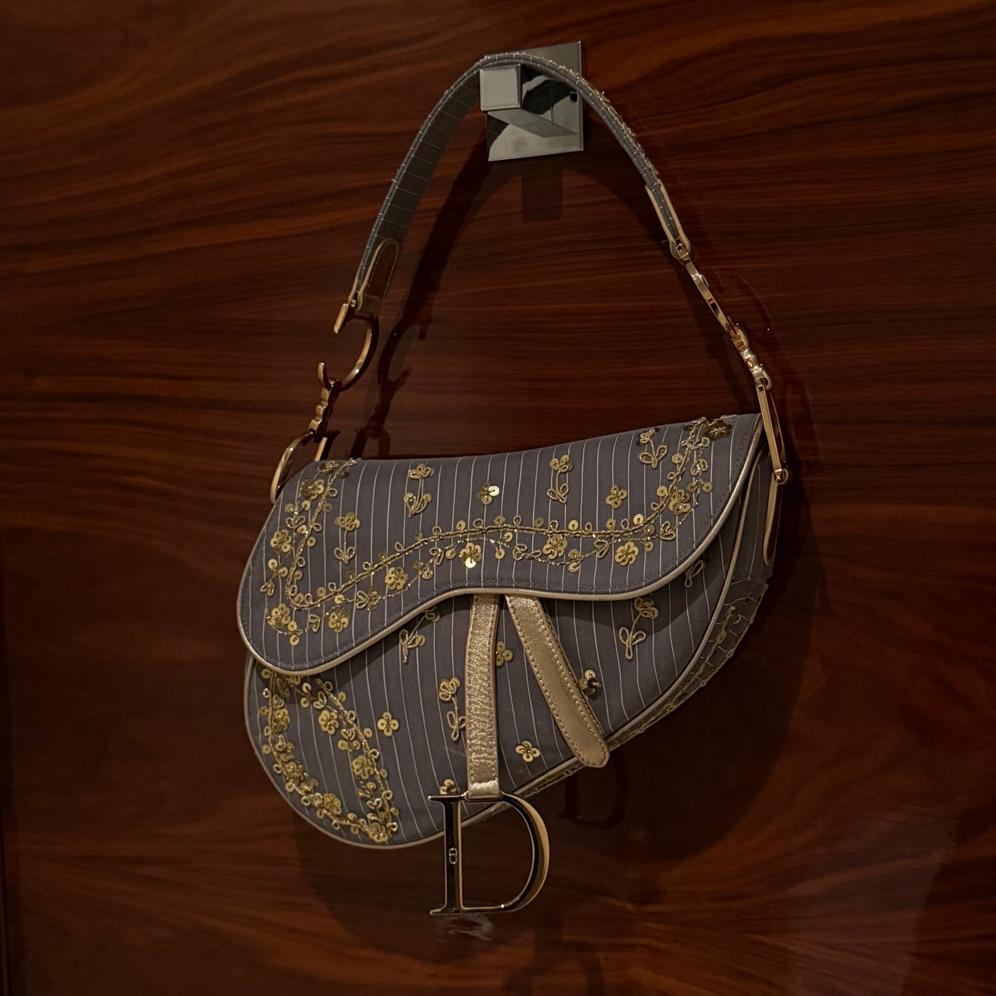 RARE Christian Dior Pinstripe Sequin Floral Saddle Bag