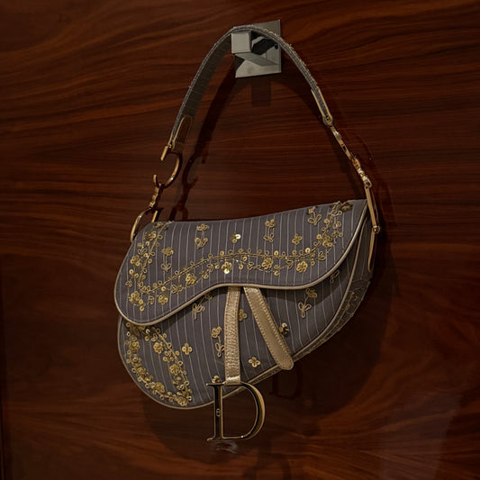 RARE Christian Dior Pinstripe Sequin Floral Saddle Bag