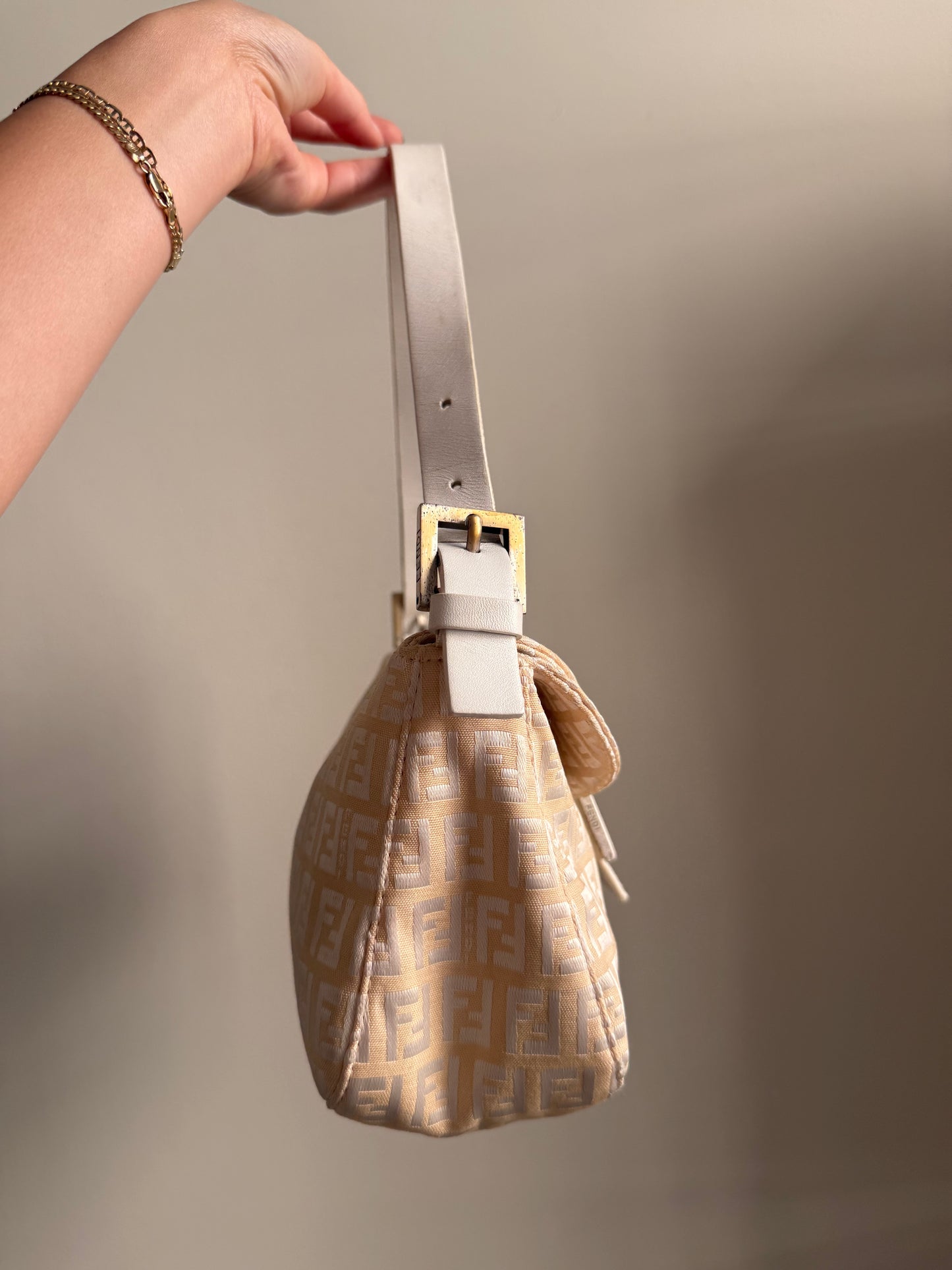 Fendi White Zucchino Double Flap Baguette Bag