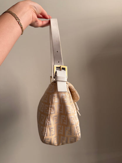 Fendi White Zucchino Double Flap Baguette Bag