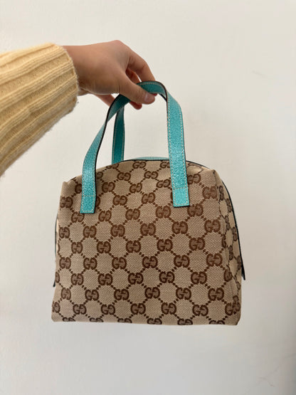 Gucci Monogram Small Teal Leather Top Handle Bag