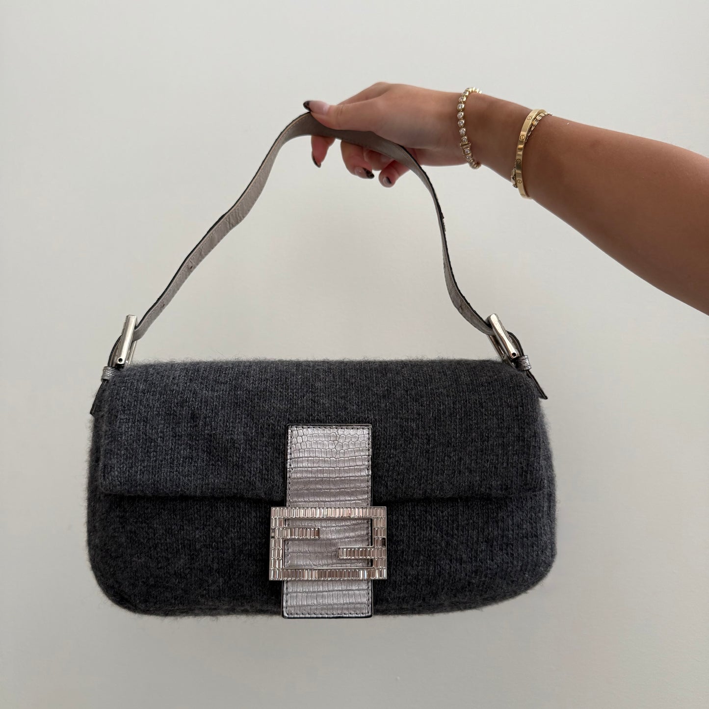 RARE Fendi Gray Cashmere Wool  Lizard Trim Rhinestone Baguette