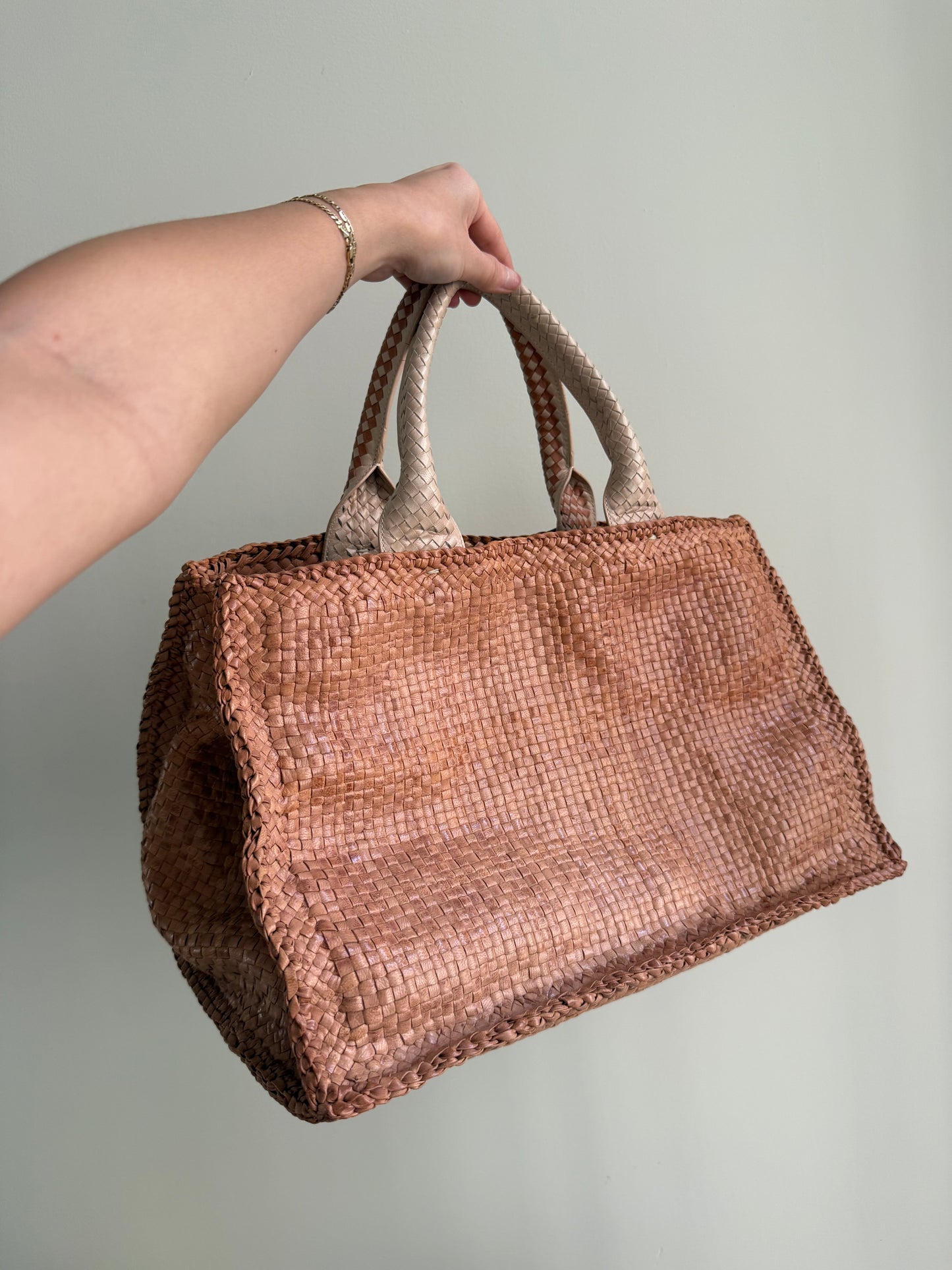 RARE Prada Madras Leather Woven Canapa Tote